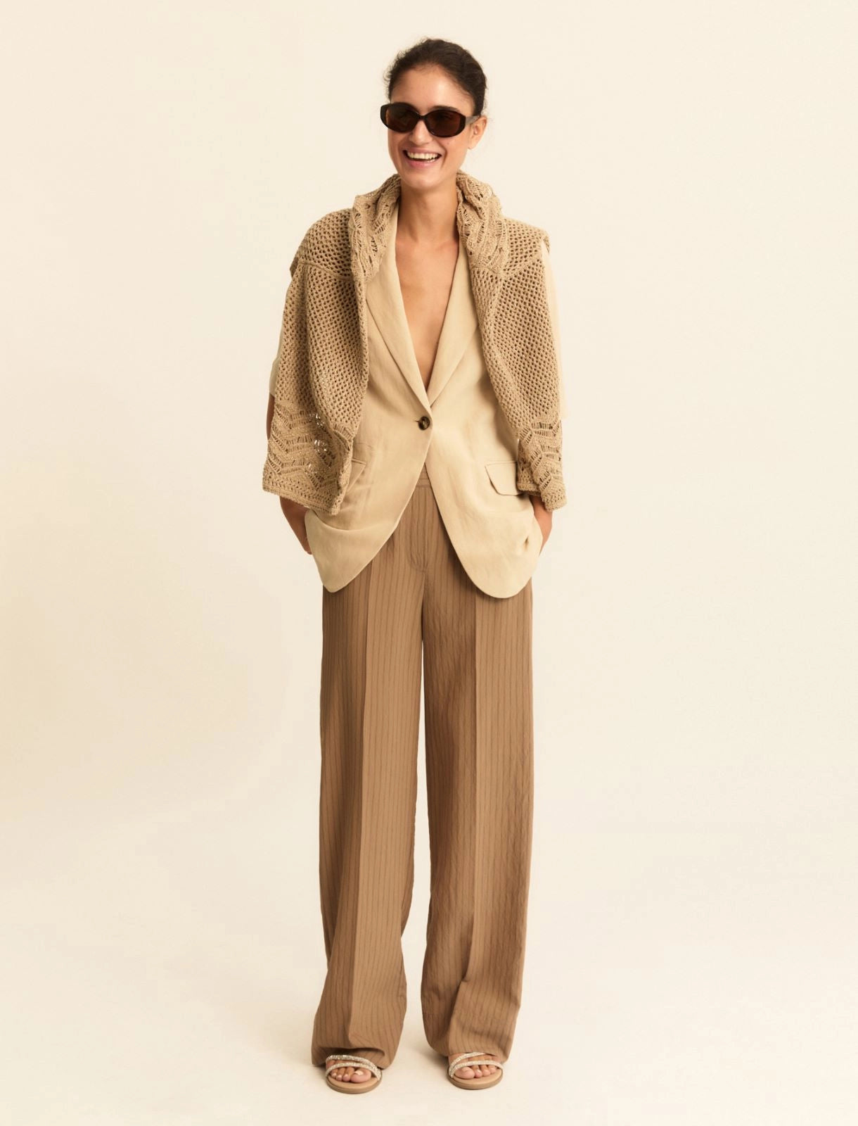 Blazer Emme a Manica Corta in Lino - Beige