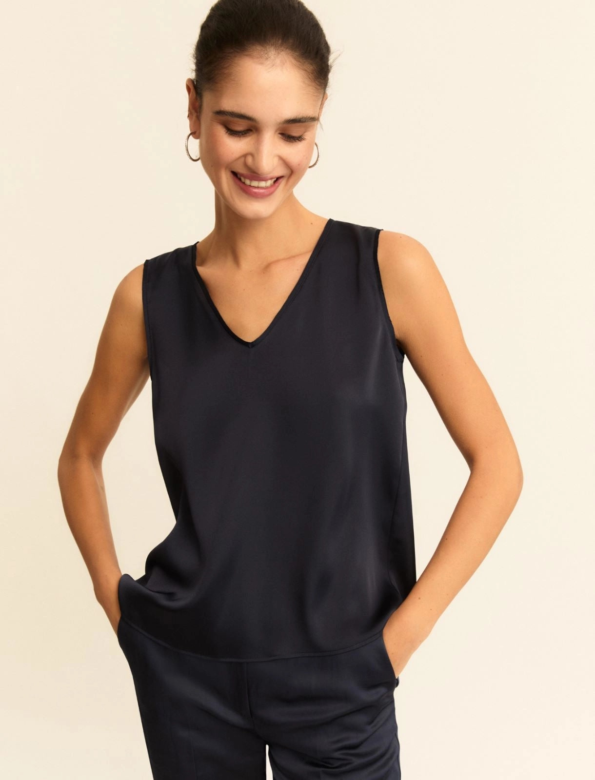 Top Emme in Raso con Dettagli in Georgette - Blu
