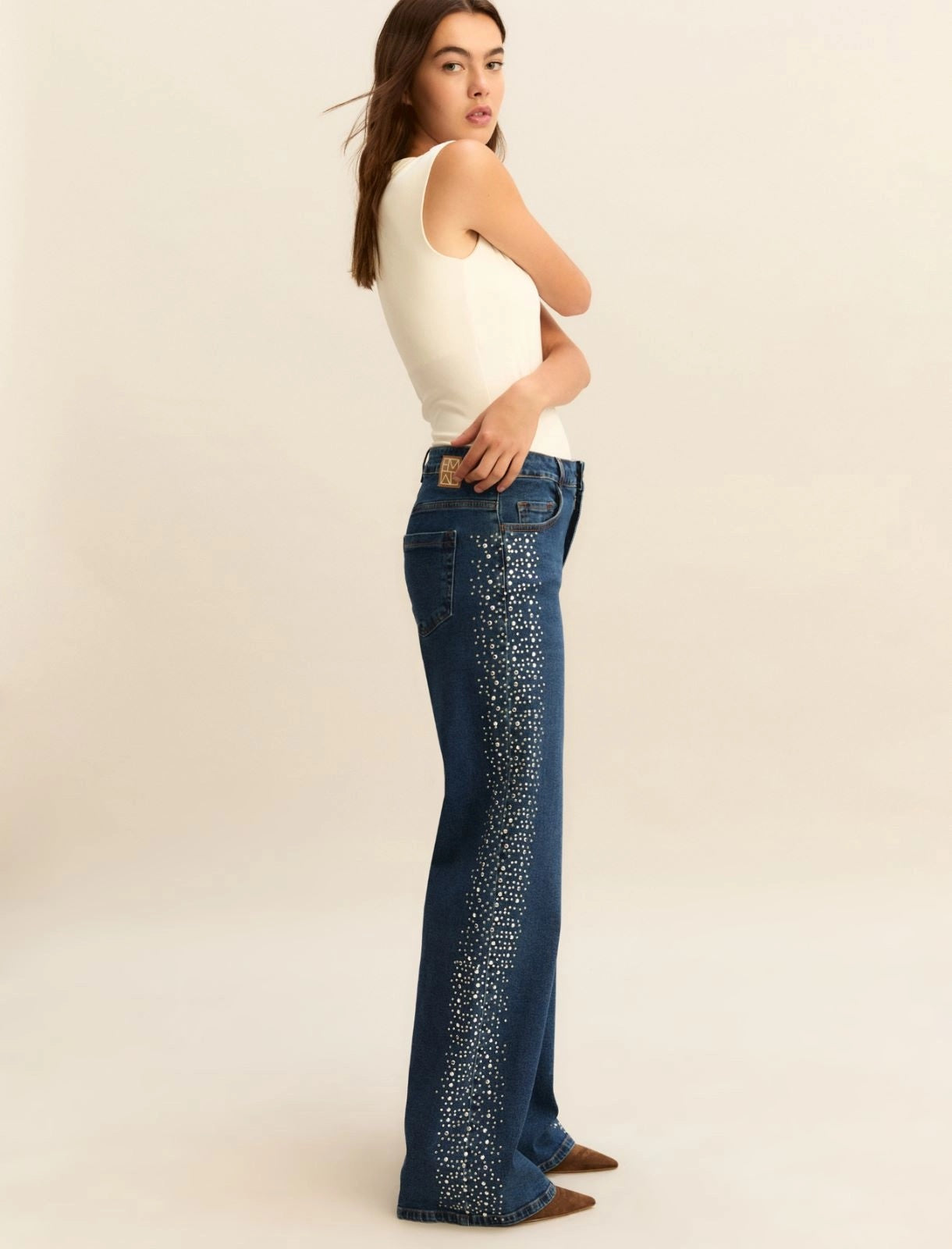 Denim Emme Wide Leg con Cristalli e Borchie - Blu