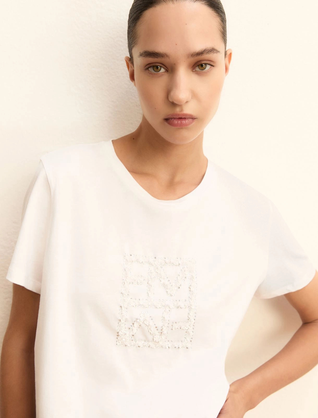 T-shirt Emme con Logo e Paillette - Bianco