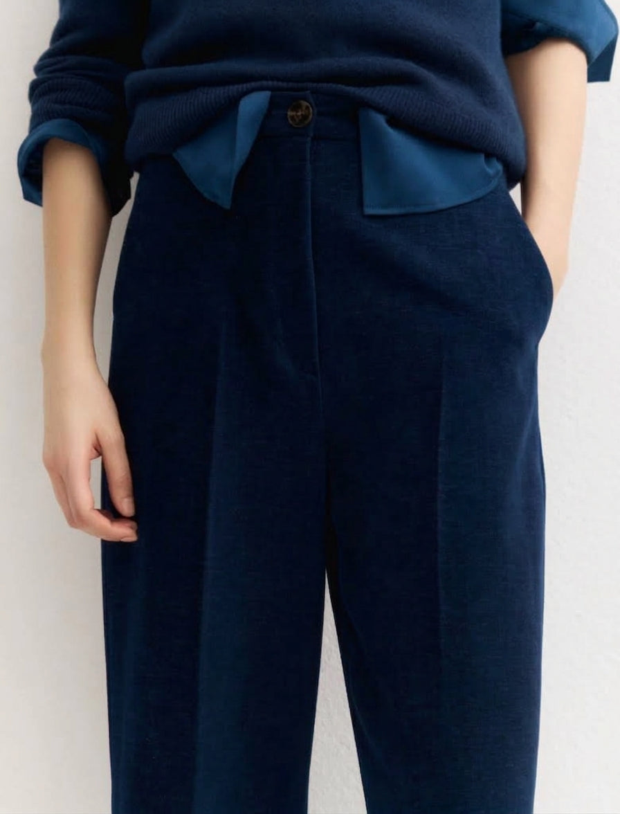 Pantalone a vita alta in ciniglia stretch - Blu