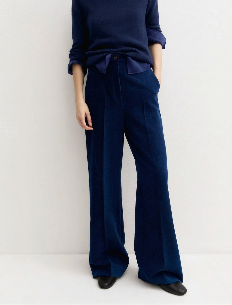 Pantalone a vita alta in ciniglia stretch - Blu