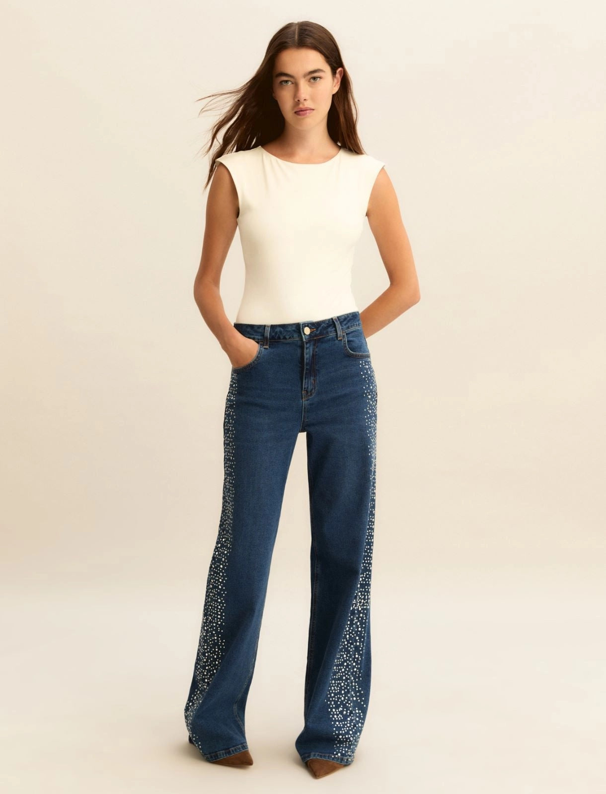 Denim Emme Wide Leg con Cristalli e Borchie - Blu