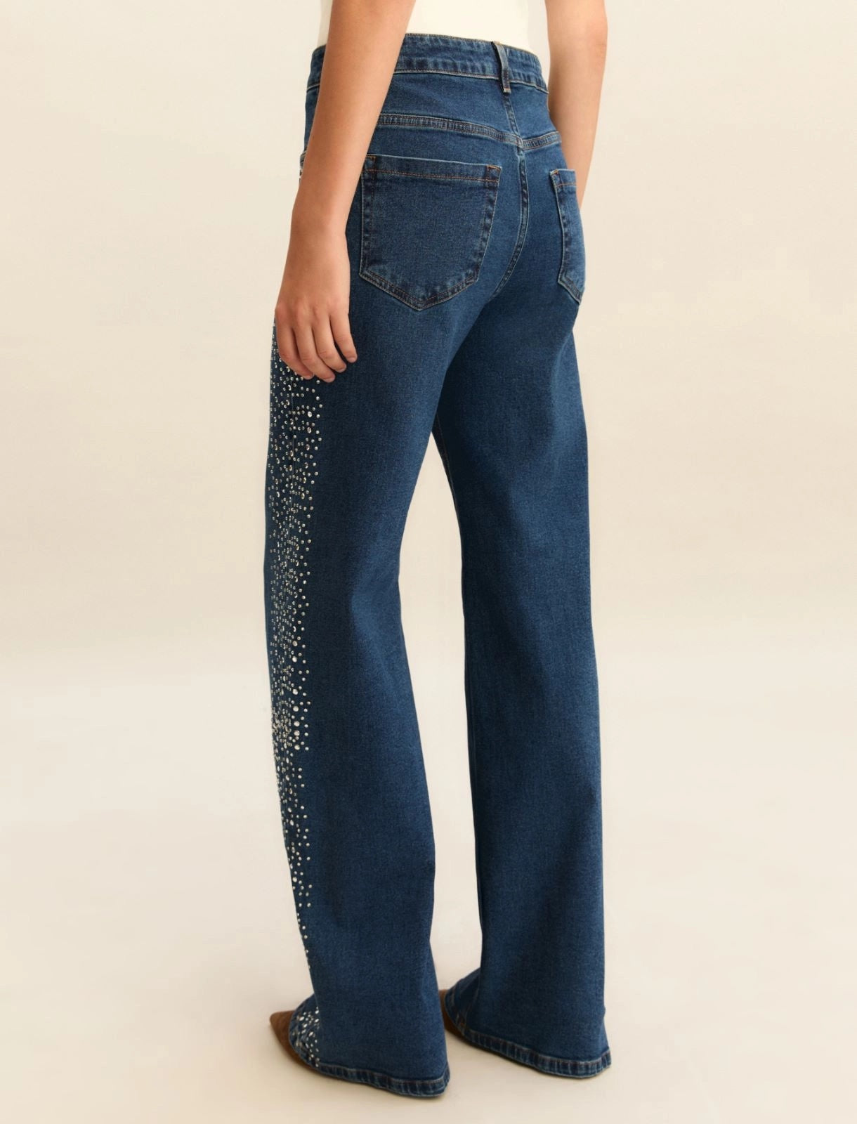 Denim Emme Wide Leg con Cristalli e Borchie - Blu