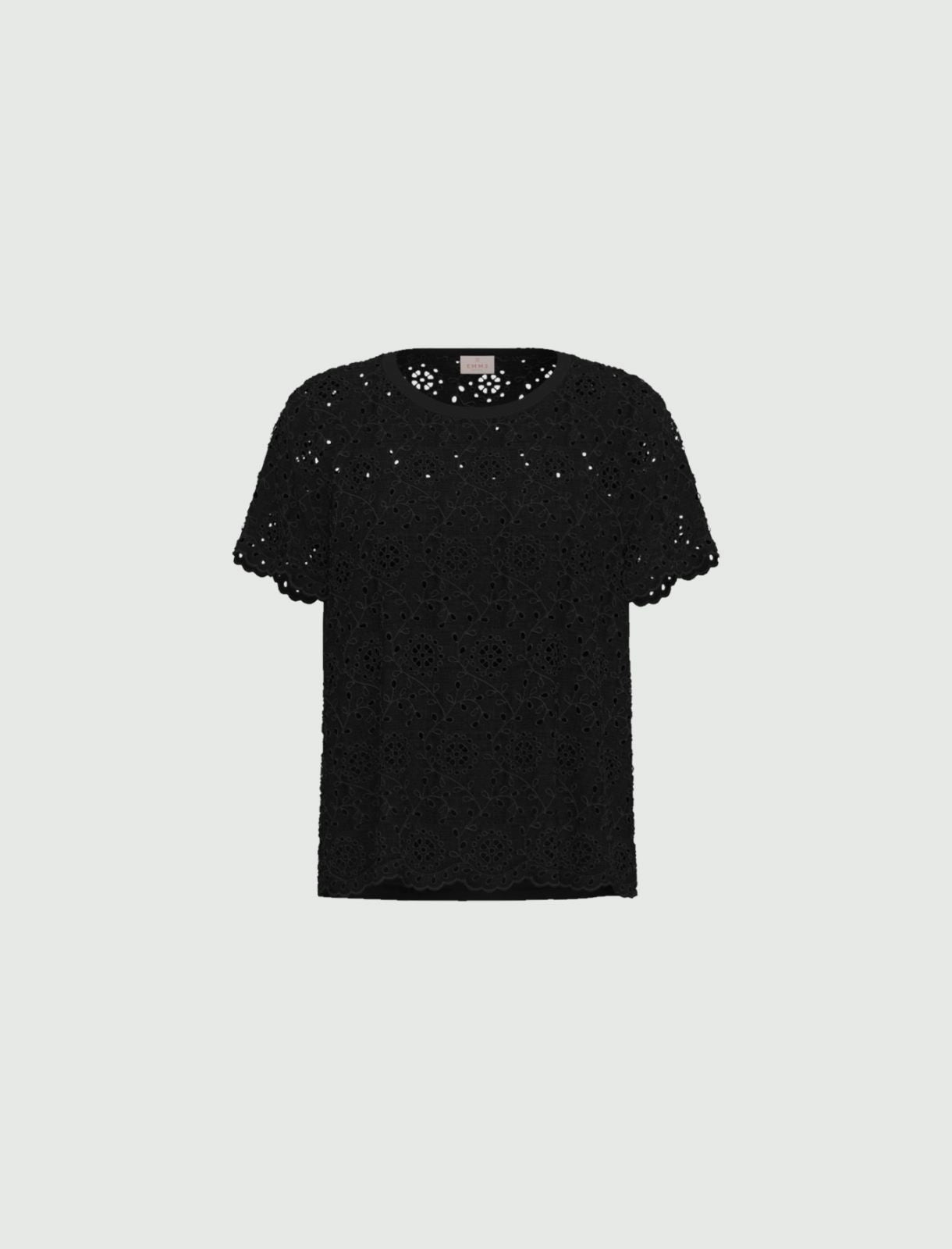 T-shirt Emme in Sangallo con Retro in Jersey - Nero