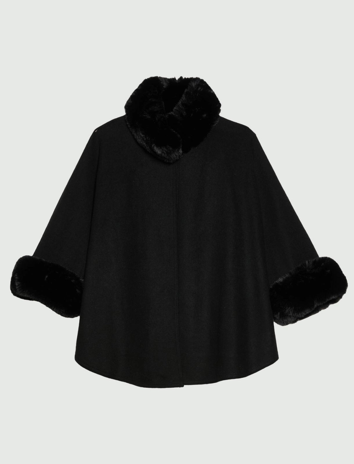 Cappa in panno con bordi in tessuto furry - NERO