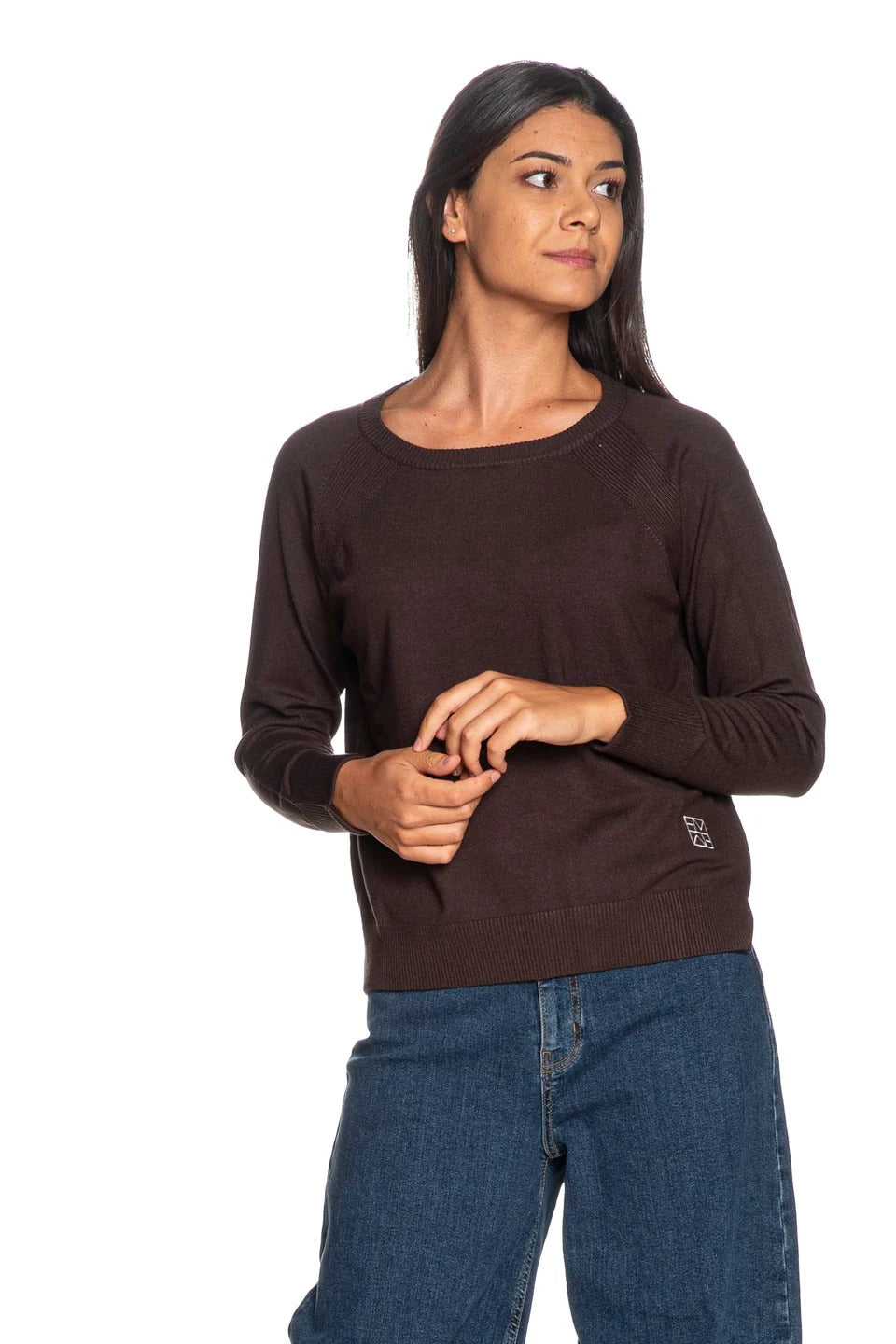 MAGLIA GIROCOLLO IN FILATO DI MISTO VISCOSA CON MANICA RAGLAN DONNA MARRONE