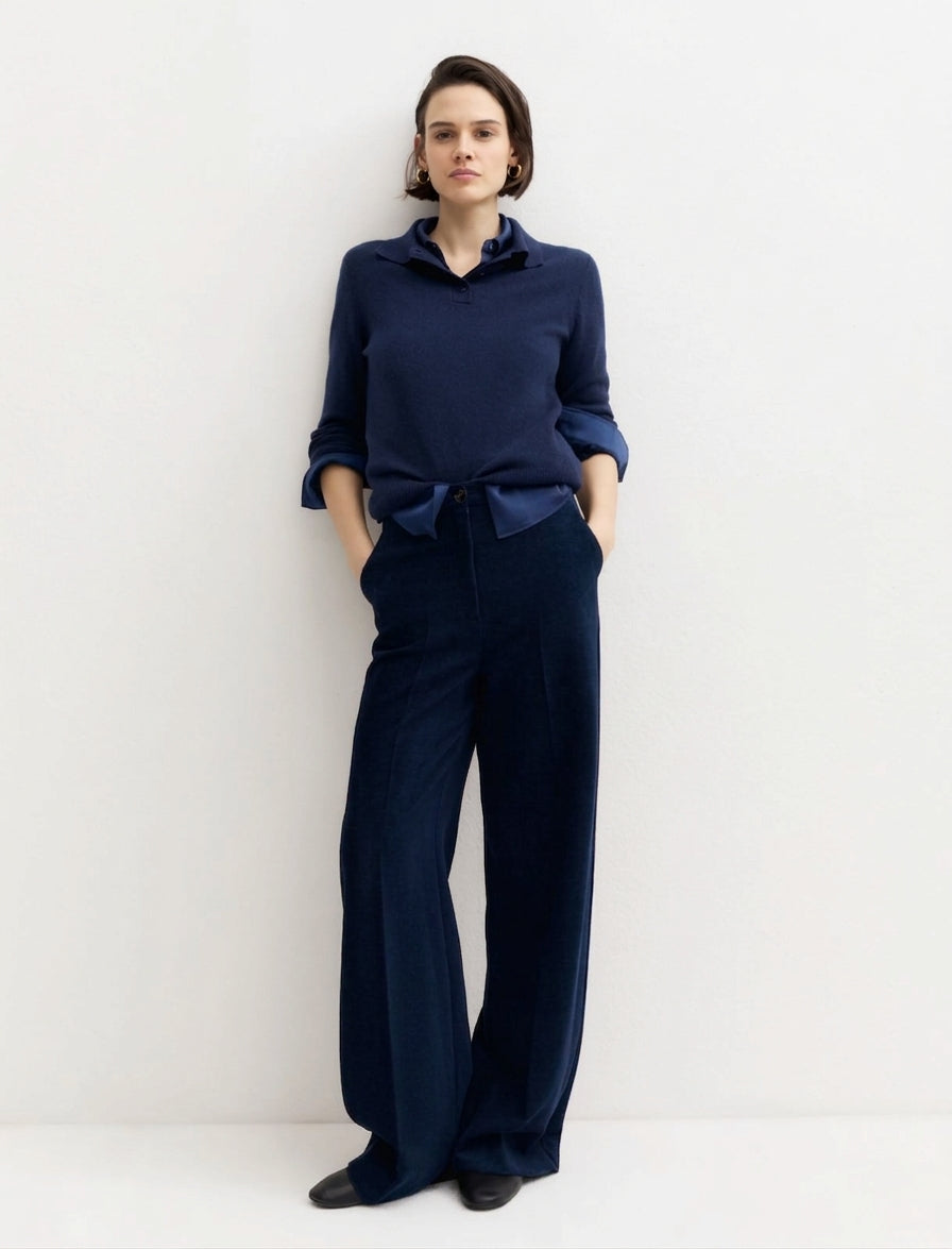 Pantalone a vita alta in ciniglia stretch - Blu