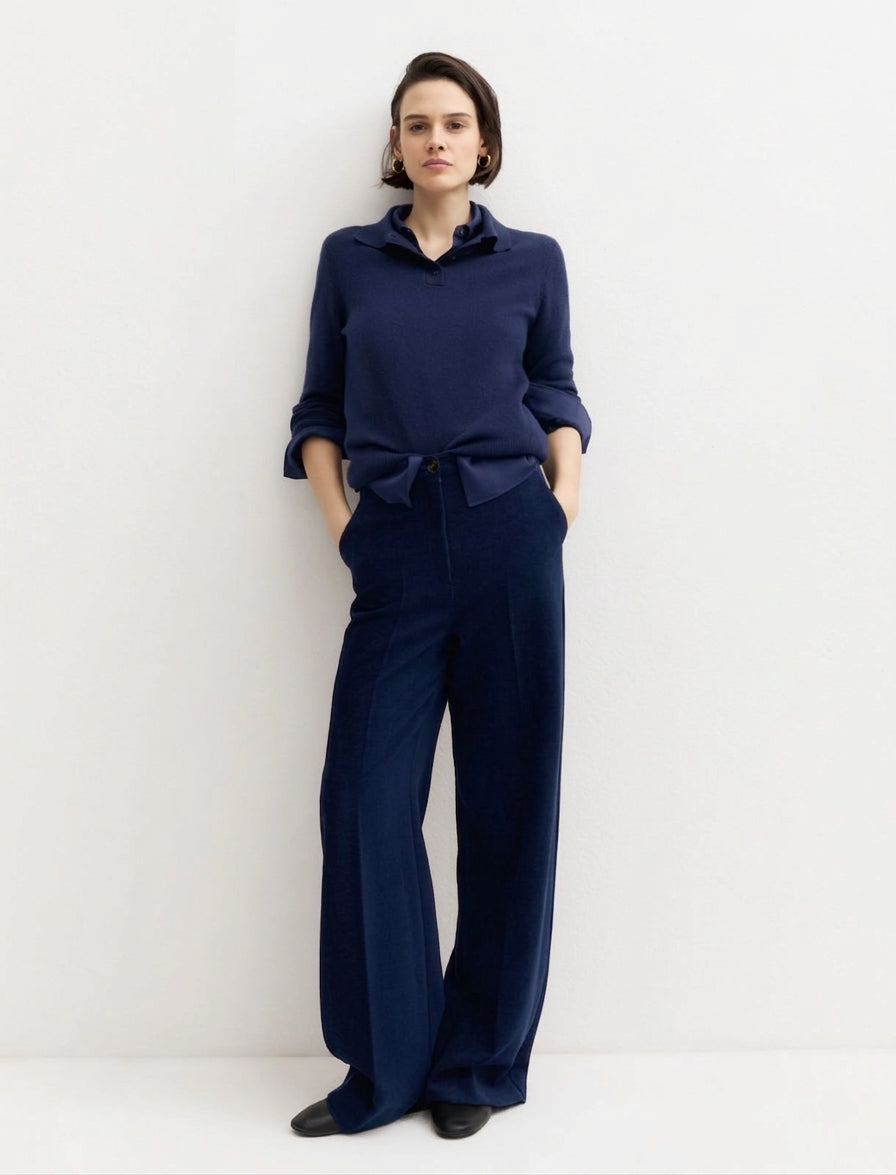 Pantalone a vita alta in ciniglia stretch - Blu