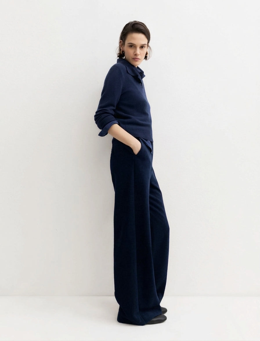 Pantalone a vita alta in ciniglia stretch - Blu