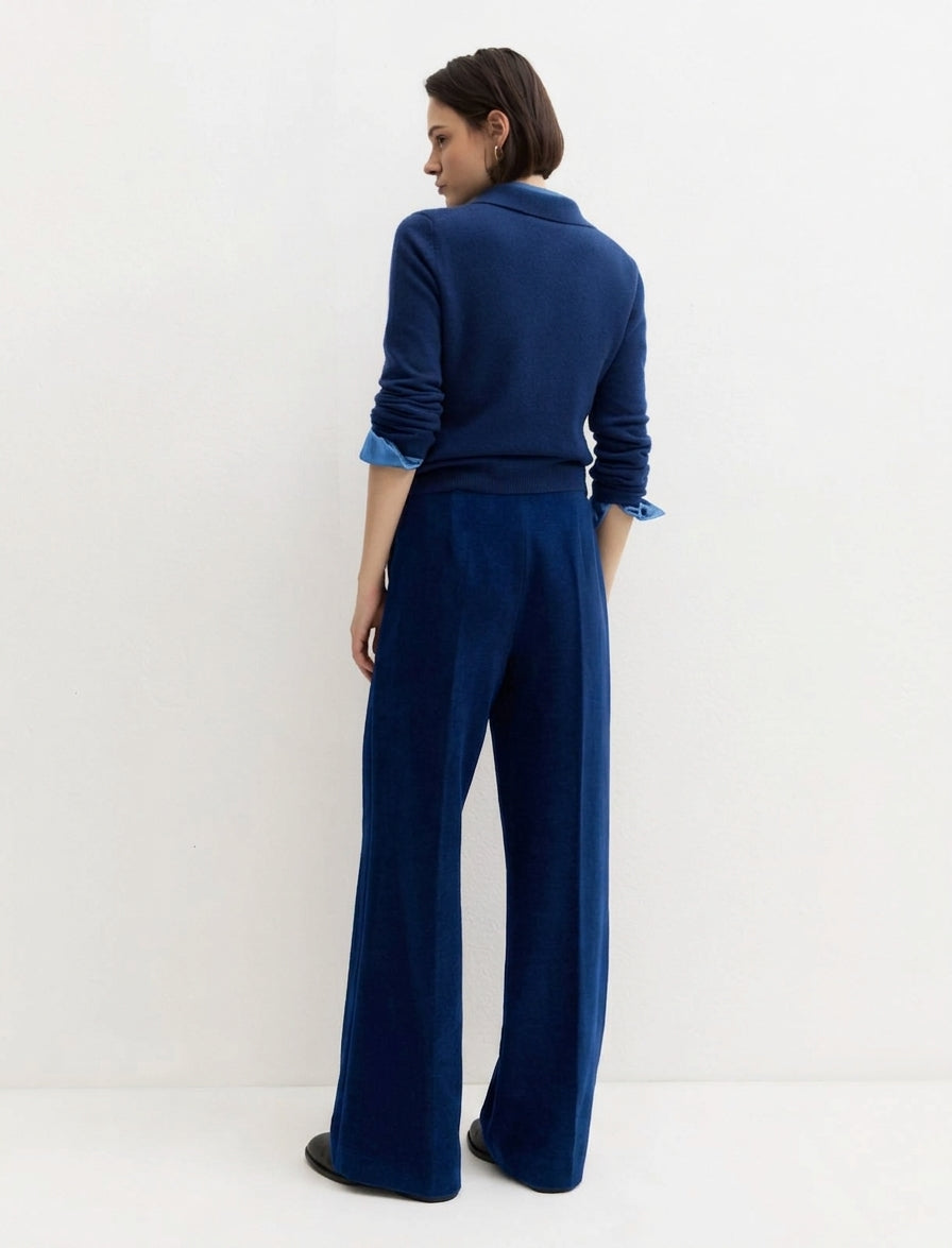 Pantalone a vita alta in ciniglia stretch - Blu
