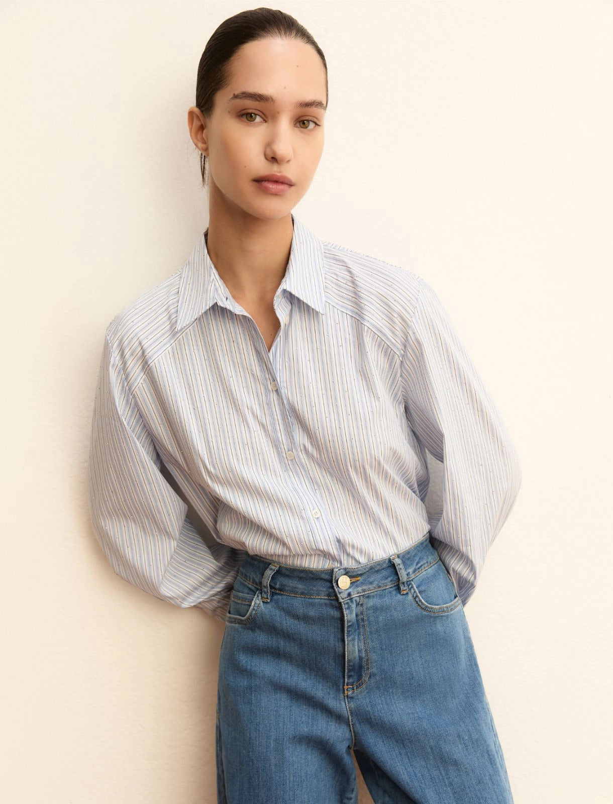 Camicia ampia in popeline stretch - AZZURRO