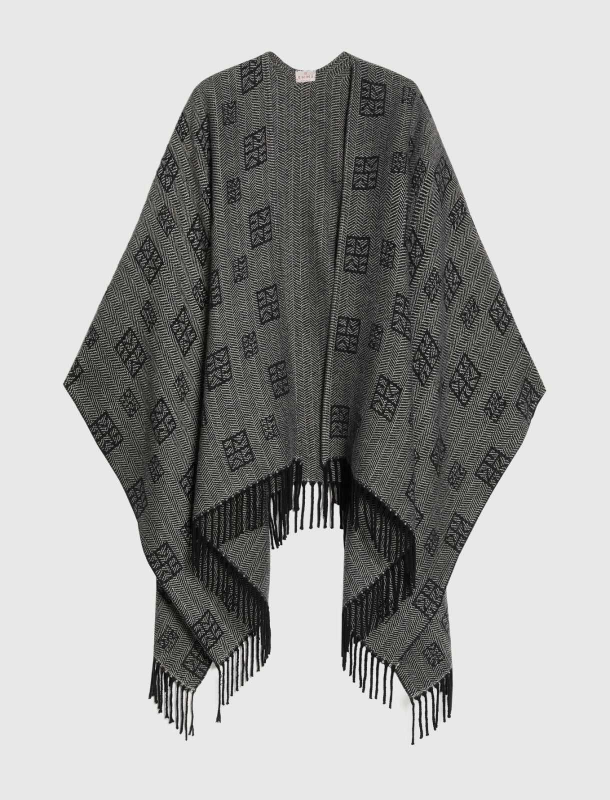 Poncho jacquard con frange - NERO