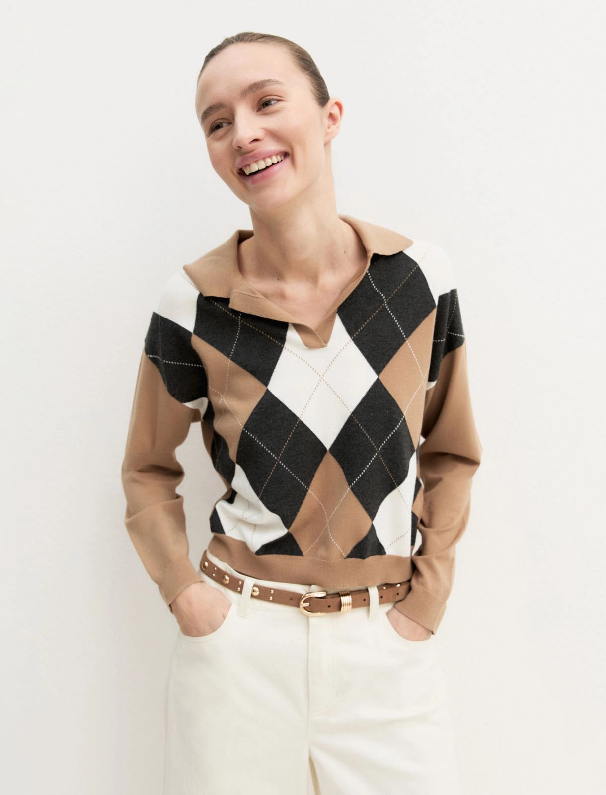 Polo crop in maglia stretch - CAMMELLO