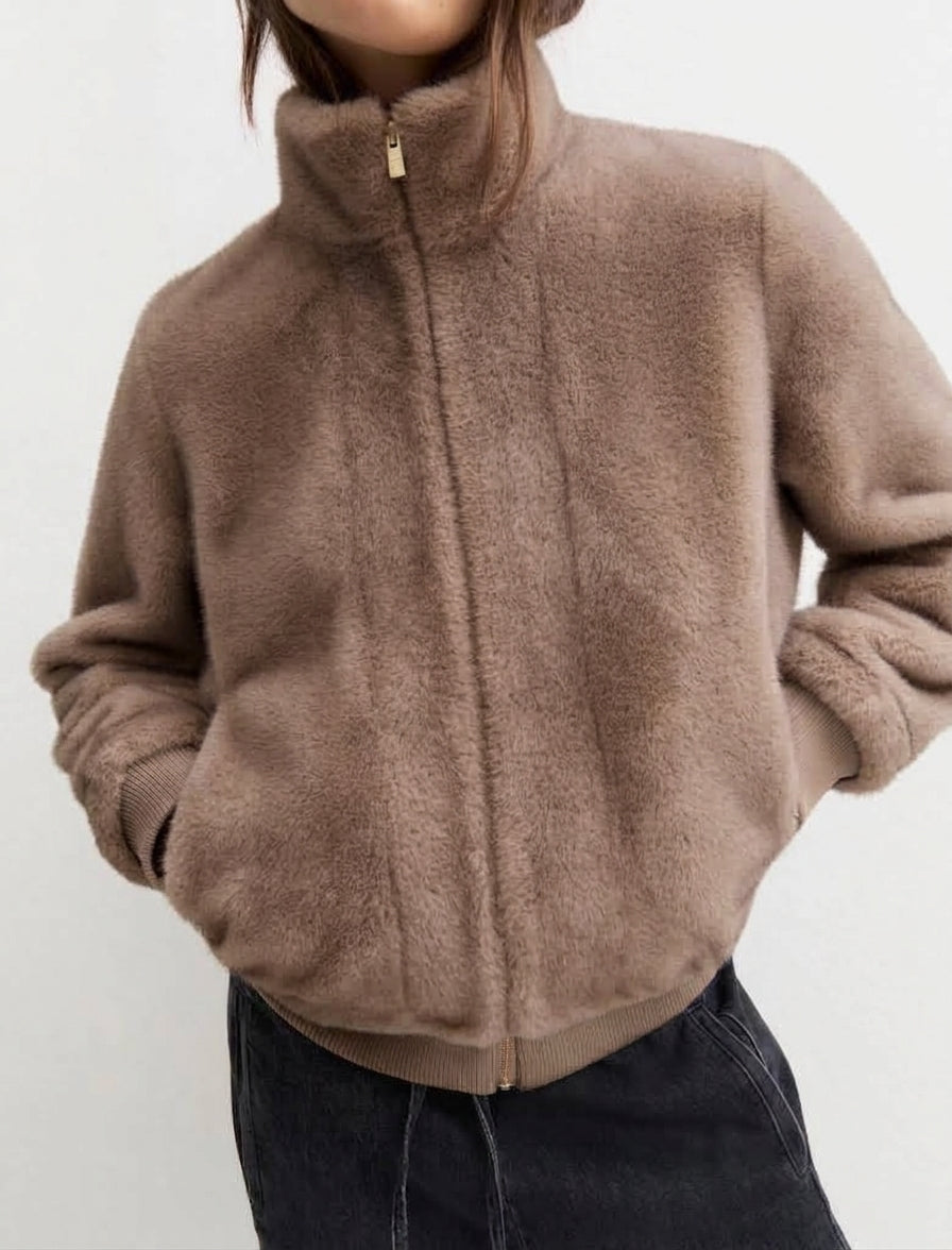 Bomber in tessuto furry - Tortora