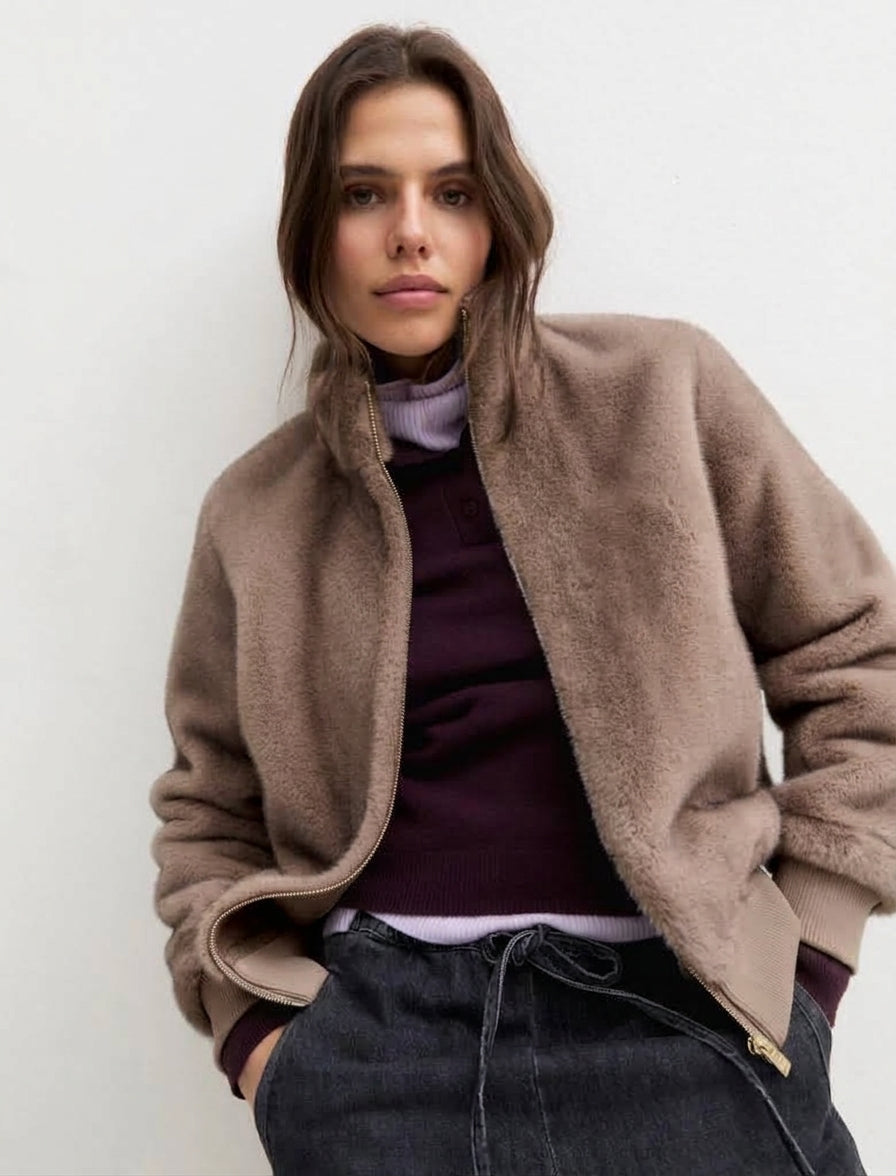 Bomber in tessuto furry - Tortora